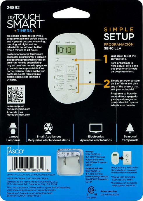 myTouchSmart Indoor Digital Timer, 1-Outlet Polarized Plug-In, 26892