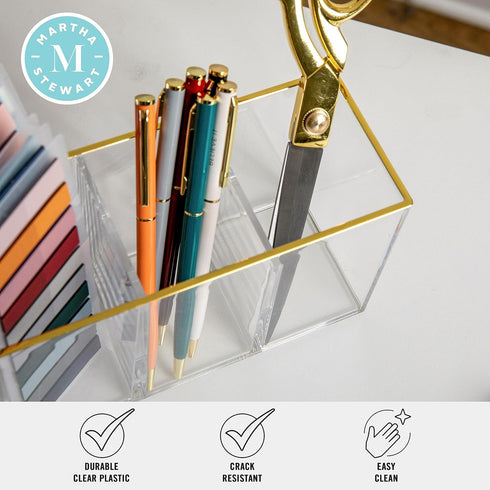Martha Stewart Kerry Plastic 4 Compartment Pen Holder, Office Desktop Organizer with Gold Trim