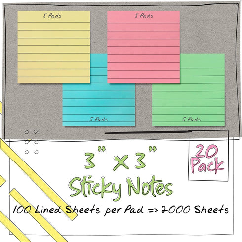 Better Office Products Lined Sticky Notes, 3 x 3, 20 Pack Box, 2,000 Sheets, Assorted Pastel Colors