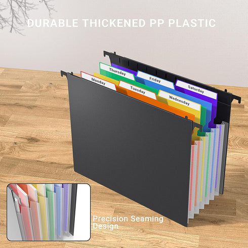 Plastic Expanding Hanging File Folders, 1/3-Cut Tab, 7 Pockets, Multi-Color Tabs, Large Capacity, Letter Size (6 PCS)