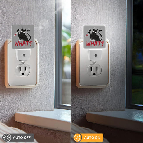 Jahiona White,0.5W LED Night Light Lamp with Smart Sensor Dusk to Dawn Sensor,Cat Hold Knife With Red Letter What On