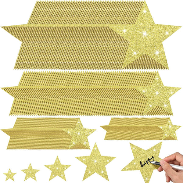 Ctosree 256 Pieces Glitter Star Cutouts, Paper Stars Decorations for Bulletin Board, 4 Assorted Sizes, Gold