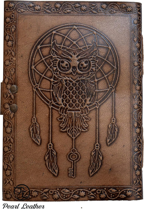 Blank Book of Shadows Journal with Dream Catcher and Owl, Leather Witchcraft Grimoire Sketchbook, 7x5