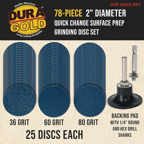 2 Inch 36, 60 80 (25 Dura-Gold Grinding Discs, & Grit Disc Each), R-Type Roll Lock Adapter & Backing Pad - Quick Change