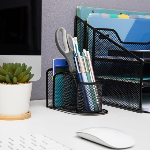 Desktop Organizer, Pen Cup, Mail Sorter, Accessory Storage, Workspace, Office, Metal Mesh, Black by Maison Sucasa