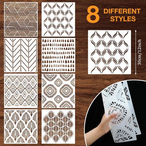 Outus 8 Pieces 12 x 12 Inch Wall Stencils for Painting on Wall Wood Floor Tile Reusable Furniture Stencils Drawing Template Geometric Modern Herringbone Pattern Stencil Home Decor(Chic Style)