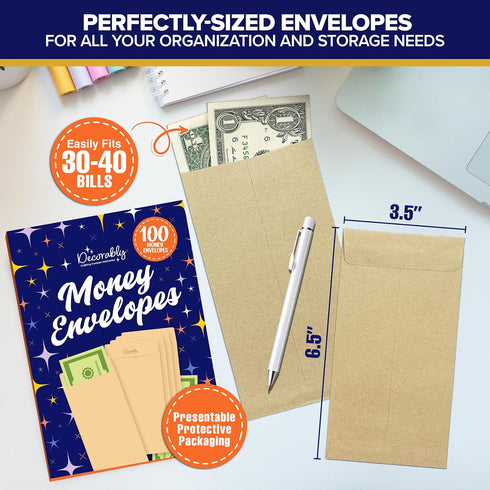 Decorably 100 Pack Kraft Small Money Envelopes, 3.5 x 6.5, Brown Small Coin Envelopes for Cash