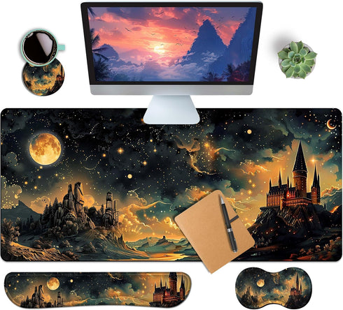 HaoSiTeck 4-Piece Extended Large Mouse Pad Set for Women Men with Castle Night