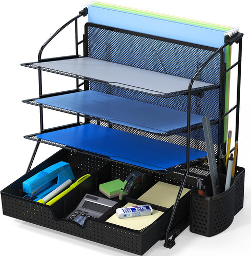 Simple Houseware Desktop Document Tray Organizer with Sliding Drawer, Caddy, Hanging File Section, Black