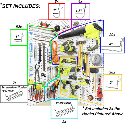 Right-Arrange Peg Board Hooks for Hanging Tools, Assortment x2 Tool Organization Accessories Kit
