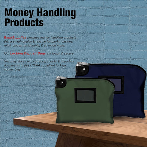 BankSupplies Laminated Nylon Locking Deposit Bags, Forest Green, 15W x 11H, Heavy-Duty Security Cash Bag
