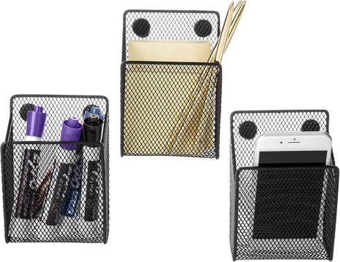 MyGift Black Metal Mesh Magnetic Pen Pencil Marker Holder, Set of 3, Whiteboard Accessories Storage Basket, School