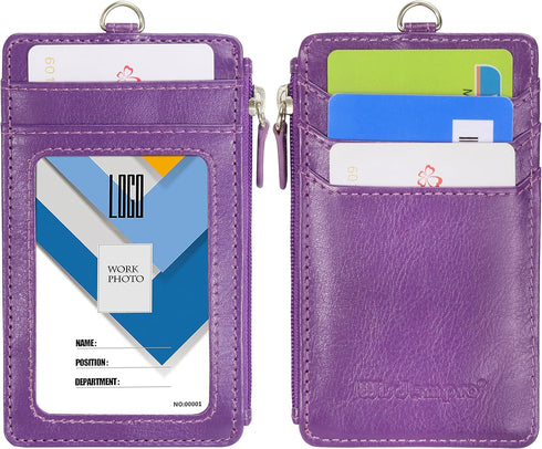 Wisdompro Badge Holder with Zip, 2-Sided Vertical PU Leather College ID Holder with Lanyard Strap - Purple