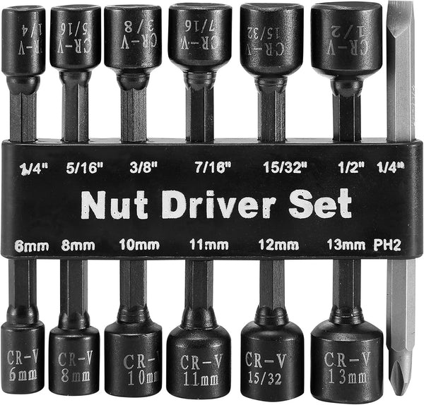 14PC Power Magnetic Nut Driver Drill Bit Set, Metric & SAE Socket for 1/4" Driver Hex