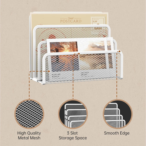 SUPEASY Mail Organizer, Desktop File Holder with 3-Slot, Mesh Metal Countertop Letter Sorter for Office