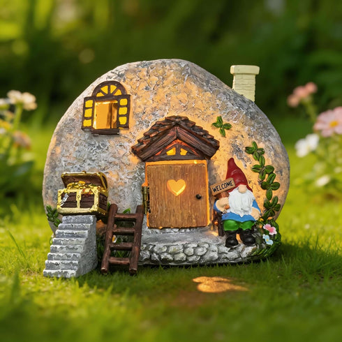 4 Fairy Garden Accessories Gnome House Pcs Kit, Solar Statues with Openable Door for Yard Lawn Patio, Resin Stone