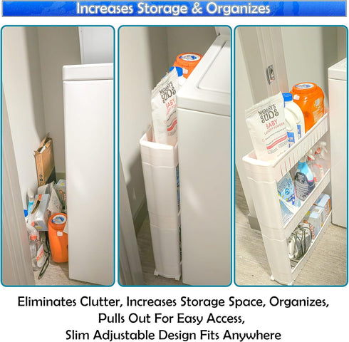 5 STAR SUPER DEALS 3 Slim Rolling Storage Cart - Narrow Slide Out Shelving Utility Cart - Mobile Storage for Laundry