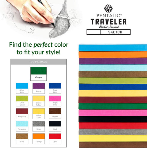 Pentalic Pocket Sketchbook Traveler Journal, 6" x 8", 160 Pages, Green