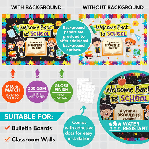 Decorably 80 Pcs Back to School Bulletin Board Set with Background Papers & Borders - Welcome Bulletin Board Set, Back to School Bulletin Board Decorations Set, Welcome Bulletin Board Decorations
