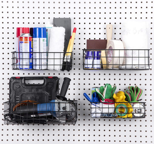 Set 4 Pegboard Baskets, of Black - Hooks to Any Peg Board - Pegboard Accessories, Square Style Wire Shelf Baskets