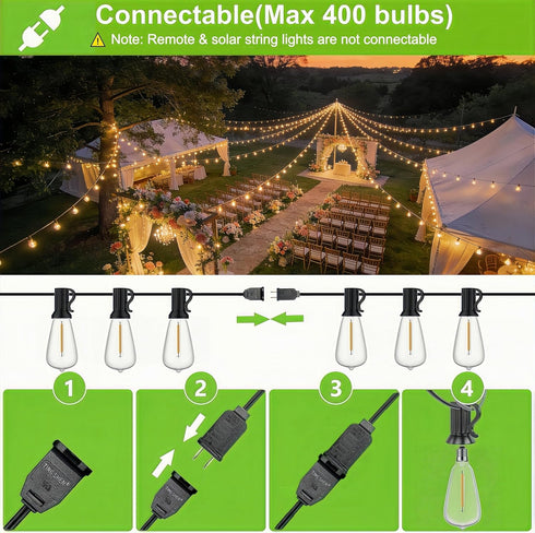 25FT ST38 Bulbs, 2500K Dimmable Outdoor String Lights, Waterproof Patio Lights with Shatterproof Vintage Edison