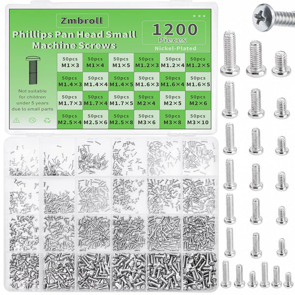 1200Pcs Phillips Pan Head Small Machine Screws, Mini Screw Assortment Kit for Eyeglasses Watches