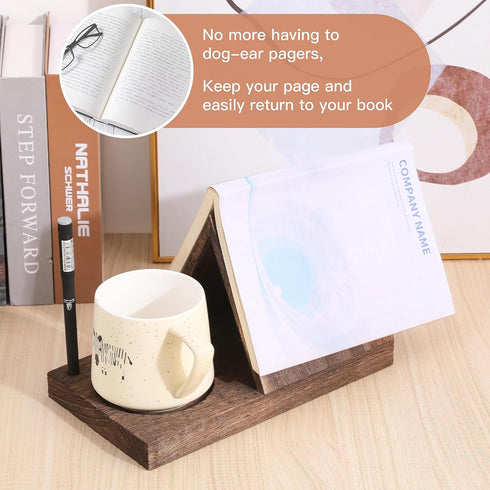 LETUBUYU Wooden Triangle Bookmark with Drink Holder, Night Stand Book Holder, Recipe Holder, Brown Wood Rest