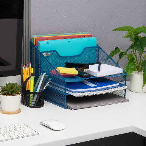 Mind Reader Desktop Organizer, Vertical File Holder, Paper Trays, Metal Mesh, Turquoise
