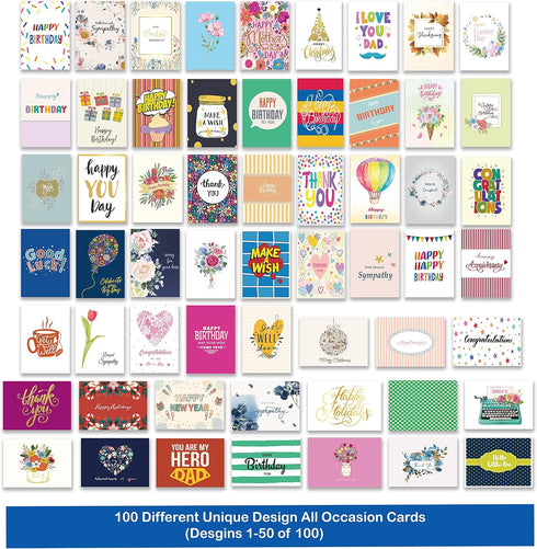 Janvale 100 Set 5 7 inch All Occasion Cards Assortment Box with Color EnvelopesAll Occasion Cards with Greeting Inside