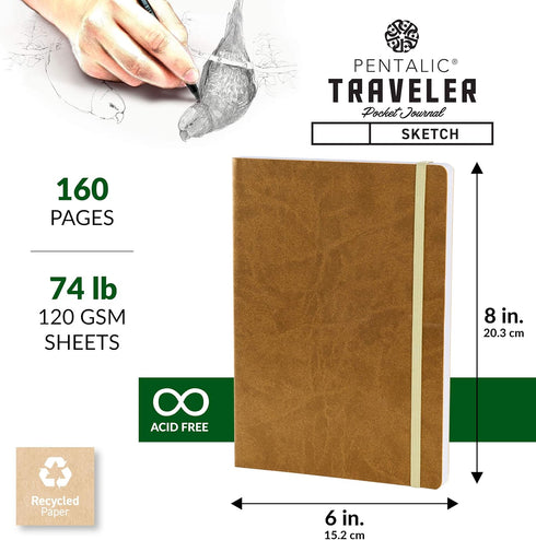 Pentalic 6" x 8" Pocket Sketchbook Traveler Journal, 160 Pages, Metallic Gold