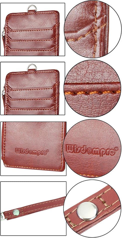Wisdompro Badge Holder with Zip - 2-Sided Vertical PU Leather ID Holder with 1 ID Window, 4 Card Slots, Brown