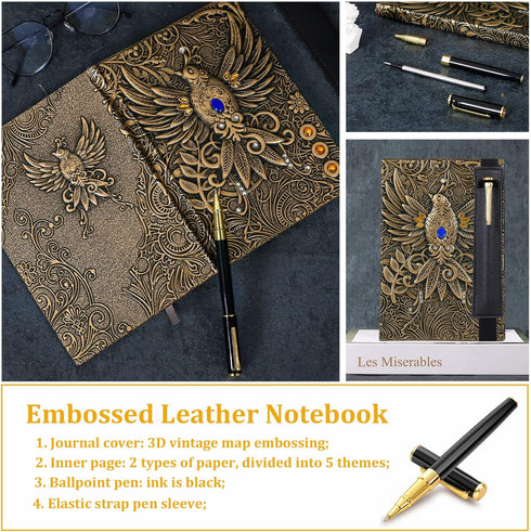 Vintage Phoenix Embossed Leather Notebook, Daily Travel Journal with Black Ballpoint Pen and Pen Sleeve, Antique
