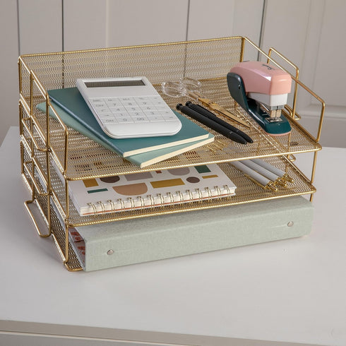 Martha Stewart Ryder 3 Tier Desk Letter Tray Organizer, Stackable Steel Mesh Inbox Tray for Files and Papers (Gold)