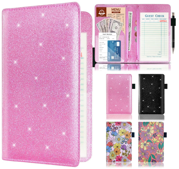 Server Book with 2 Zipper Pockets, Leather Server Book Organizer for Waitress,