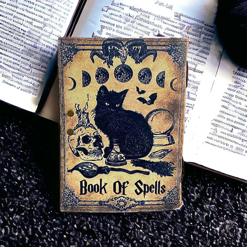 Blank Spell Book of Shadows Grimoire Journal, Magic Cat Printed, Witchcraft Supplies, 7x5 inches Leather Sketchbook