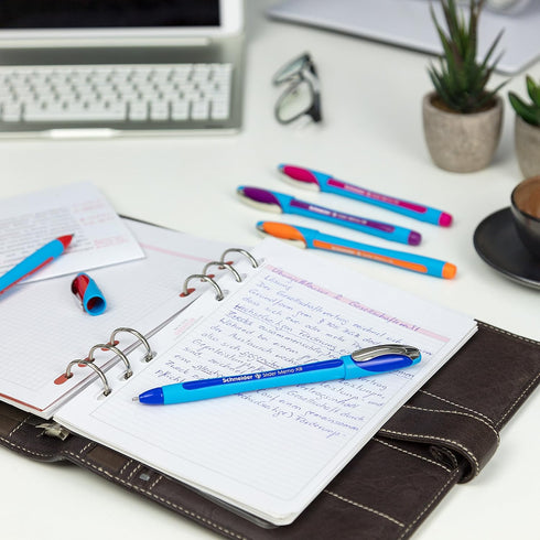 Schneider Slider Memo XB Ballpoint Pen, 1.4 mm, Light Blue Barrel, Pack of 3 Pens: Black, Red, Blue