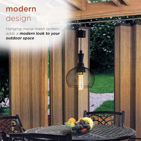Alpine Corporation 10" Tall Hanging Solar Powered Outdoor Mesh Lantern with LED Lights, Black
