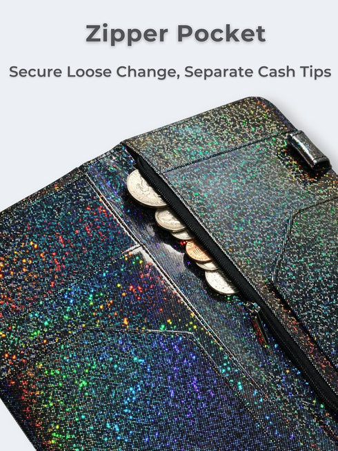 Mymazn Holographic Glitter Server Book for Waitress - Magnetic Cash Pocket & Zipper Pouch - Guest Check & Money