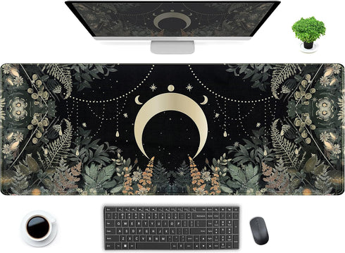 DCJJM Cute Green Forest Leaves Desk Mat Whimsical Moon Mousepad XL Large Extended