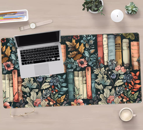 DKPXFG 31.5" 15.7" Floral Books Desk Mat Reading Desk Pad Mouse Mat XXL, Colorful Mouse Keyboard Pad Flower Bookshelf