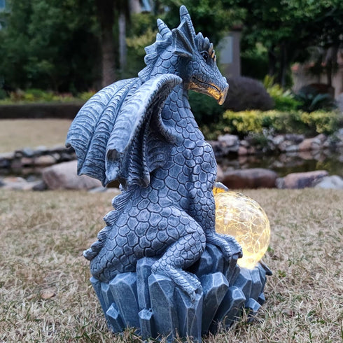 RCTTICUU Solar Dragon Garden Statues Outdoor Decor, Resin Dragon Figurine with Solar Crackle Globe LED Lights Lawn