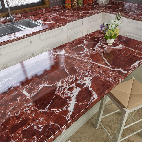 88"x15.8" Red Brown Marble Contact Paper for Countertops, Faux Granite Peel and Stick Waterproof Wallpaper