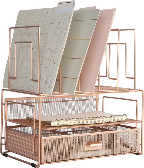 BLU MONACO Workspace Rose Gold Desk Organizer with File Sorters and Drawer for Office Supplies