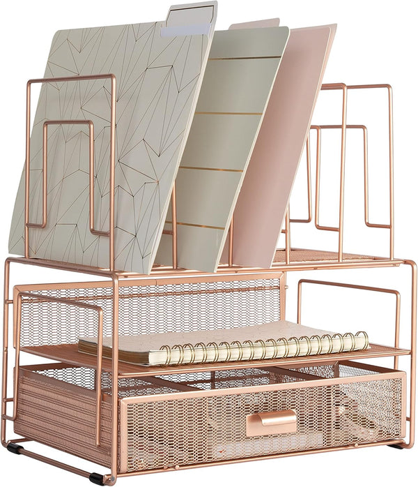 BLU MONACO Workspace Rose Gold Desk Organizer with File Sorters and Drawer for Office Supplies