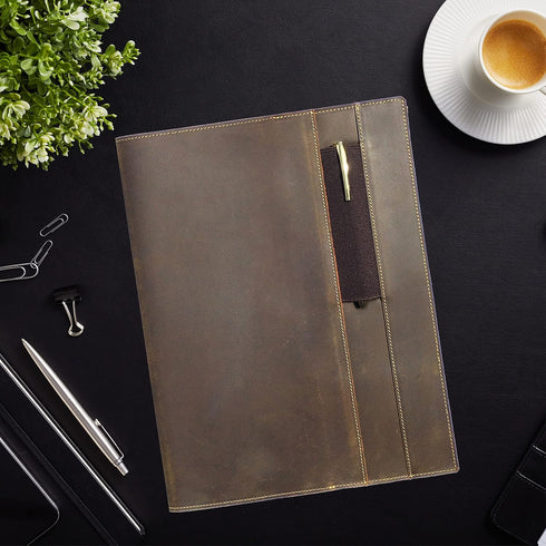 Leather Refillable Journal Cover for Moleskine Cahier XXL, Handmade Gift Set with Stylish Pen and Card Holder