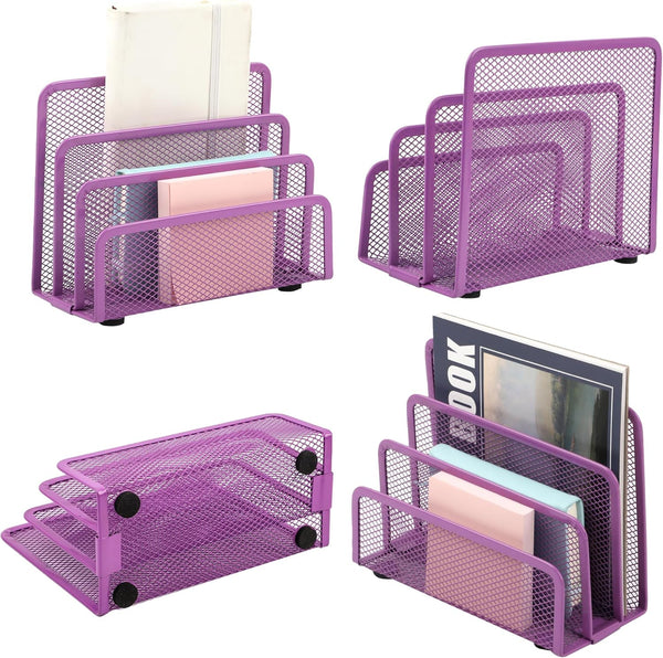 EASEPRES 2 Pack Desk Mail Organizer, Purple Metal Mesh Small Letter Sorter with 3 Vertical Compartments