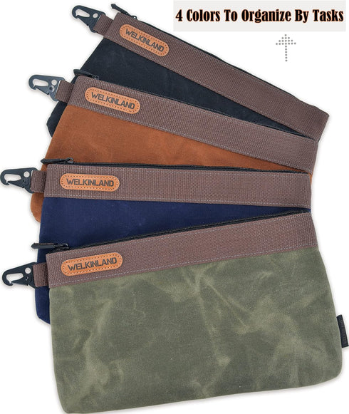 4PCS, 12" WELKINLAND Heavy-Duty Canvas Tool Pouch - Waxed Canvas Zipper Tool Pouch