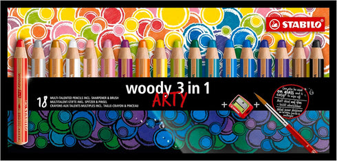 STABILO Multi-Talented Pencil Woody 3 in 1 ARTY - Pack of 18 Assorted Colors with Sharpener and Paint Brush