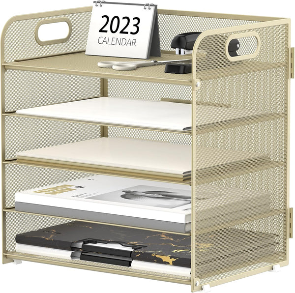 Supeasy 5 Trays Paper Organizer, Mesh Desk File Organizer with Handle for Office, Home, or School (Gold Yellow)