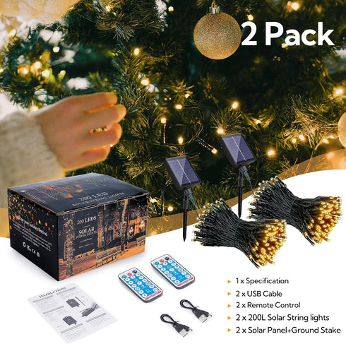 2 Pack 144ft 400 8 woohaha Solar Outdoor String Lights,Total LED Solar Christmas Lights with Remote and Timer, Modes